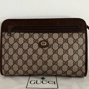 Vintage Gucci GG Supreme Monogram and Brown Leather Portfolio Clutch 1970s EUC